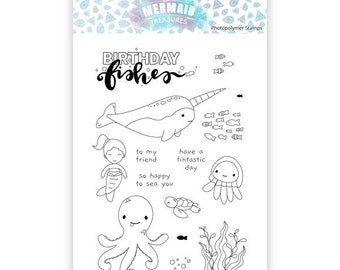 Birthday Fishes stamps – StickerKitten Mermaid Treasures clear photopolymer stamp set (cute jellyfish, narwhal, octopus, turtle, fish, sea)