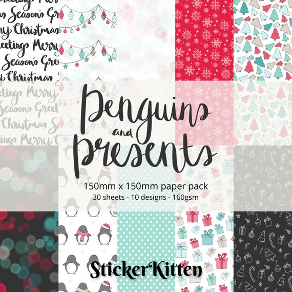 Penguins and Presents Christmas Craft Paper Pack 30 Sheets, 10 Designs,  Craft Paper, Festive Christmas Paper, Card Making, Craft Supplies 