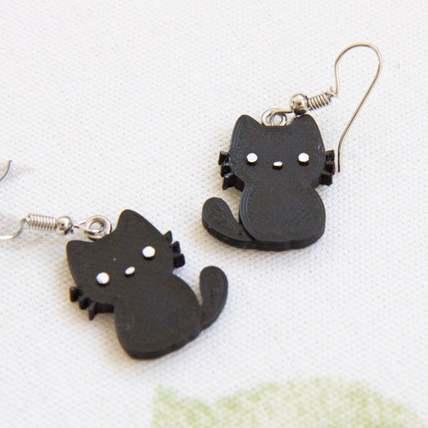 Black Cat Earrings - eco-friendly halloween kitten dangly earrings - 3D printed jewellery