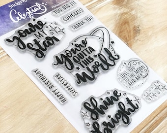 Celestial stamps - photopolymer clear stamp set with space, galaxy, thank you and birthday sentiments