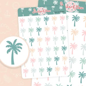 May include: A sheet of stickers featuring palm trees in various shades of green, pink, and blue. The stickers are arranged in a grid pattern on a white background. The text "Stickerkitten" and "Palm tree stickers" is printed at the top of the sheet.