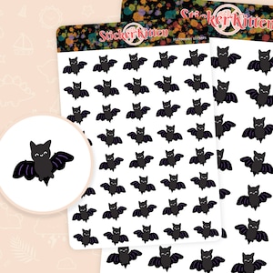 May include: A sheet of Halloween stickers featuring 48 black bats with purple wings and white eyes. The stickers are arranged in a grid pattern on a white background. The text "Sticker Kitten" and "Halloween stickers" is printed at the top of the sheet.