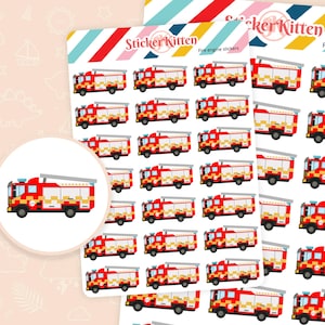 Könnte beinhalten: Blätter mit Feuerwehr-Aufklebern. Jeder Aufkleber zeigt ein rot-gelbes Feuerwehrauto mit einer silbernen Leiter. Die Aufkleber befinden sich auf einem weißen Hintergrund mit einem farbenfrohen gestreiften Rand und dem Text "Sticker Kitten".