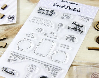 Sweetie Jar Stamps - Sweet Pastels Craft Range by StickerKitten. Set of clear sweets and lollipop photopolymer stamps.