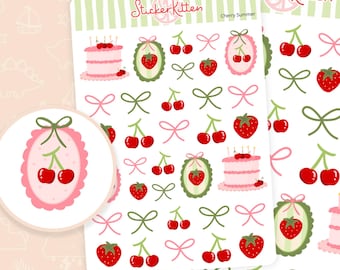 Cherry Summer Stickers - Cute Cake, Strawberry and Bow Planner Stickers by StickerKitten UK