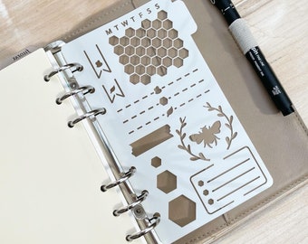 Bee Planner Stencil - Weekly Layout Bullet Dot Grid Planner & Journal Stencil Template (Bees, Leaves, Hexagons, Honeycomb)