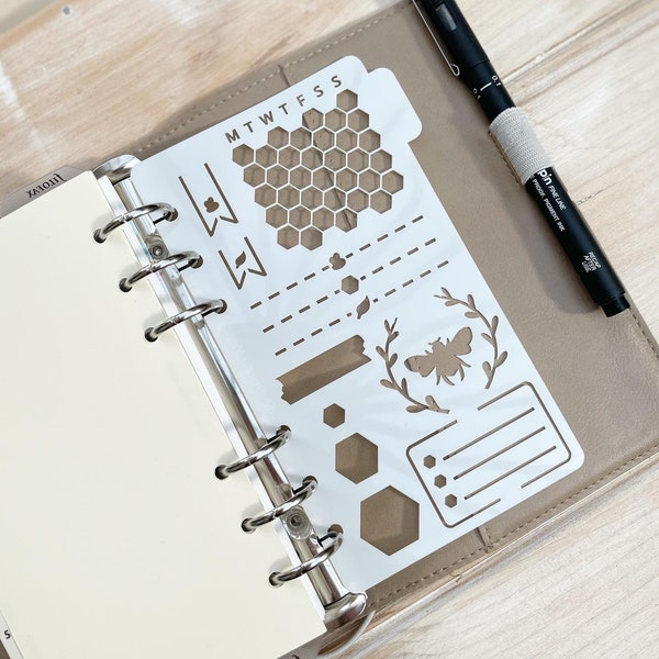 Bee Planner Stencil - Weekly Layout Bullet Dot Grid Planner & Journal Stencil Template (Abeilles, Feuilles, Hexagones, Nid d'abeille)