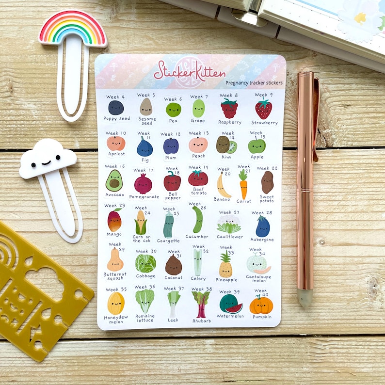 Puede incluir: Un conjunto de pegatinas de seguimiento del embarazo con lindas ilustraciones de frutas. Cada pegatina representa una semana de embarazo, comenzando con la semana 4 y terminando con la semana 40. Las pegatinas est&aacute;n impresas en papel blanco con un fondo rosa claro.