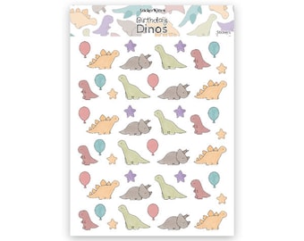 May include: A sheet of colourful dinosaur stickers with a repeating pattern of green, orange, and brown dinosaurs with balloons and stars. The sheet is titled "Birthday Dinos" and "Sticker Kitten" in the top left corner.