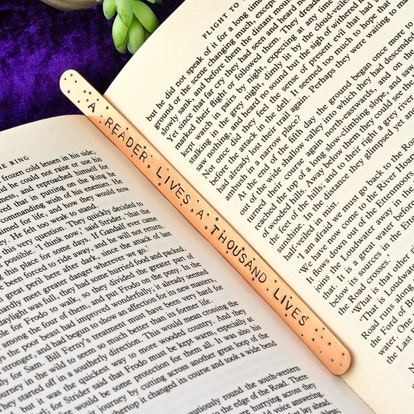 A Reader Lives A Thousand Lives, Hand Stamped Metal Bookmark With Tassel, Copper, Aluminium, Brass, Game of Throne Gifts, Book Lover Gift