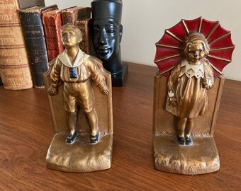 Pr. Vintage solid Brass Art Deco Book Ends/Mantle Bookcase /Brass Sculpture/Children