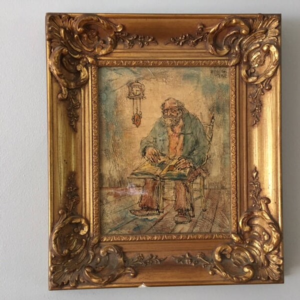 Vintage Hollywood Regency Signed/dated Oil Painting Old Man with Boy in Hand Crafted French style Gold gilt/wood/gesso Frame/1971