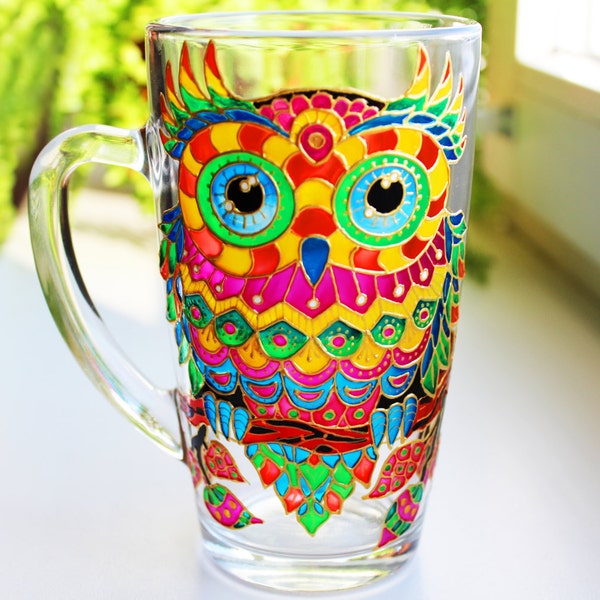 Big Owl Painted Coffee Mug, Personalized Glass Tea Cup, Hand Painted Bird, Gift Ideas Custom Mugs Handmade, Valentines day gift