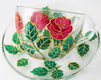 Hand Painted Pink Roses Tea Cup and Saucer Set