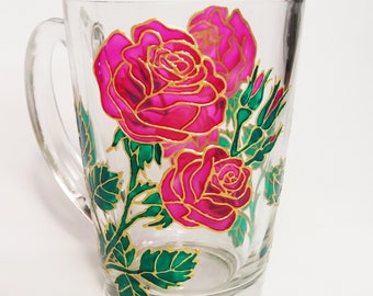 Handgeschilderde roze rozen glazen koffiemok, bloementuincadeau