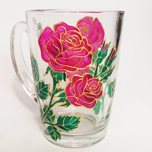 Pink Roses Flowers Glass Coffee Mug, Funny Cup, Hand Painted Custom mugs for Her Garden Gift Flowers Mug