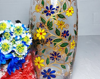 Big glass Vase Hand-Painted blue and yellow flowers, personalized birthday Gift