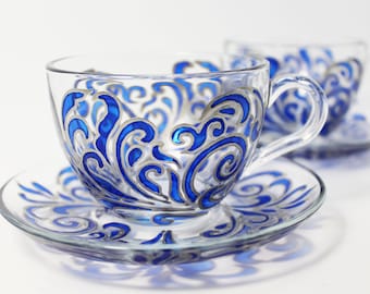 Hand Painted Blue Teacup and Saucer Set, Stained Glass Design