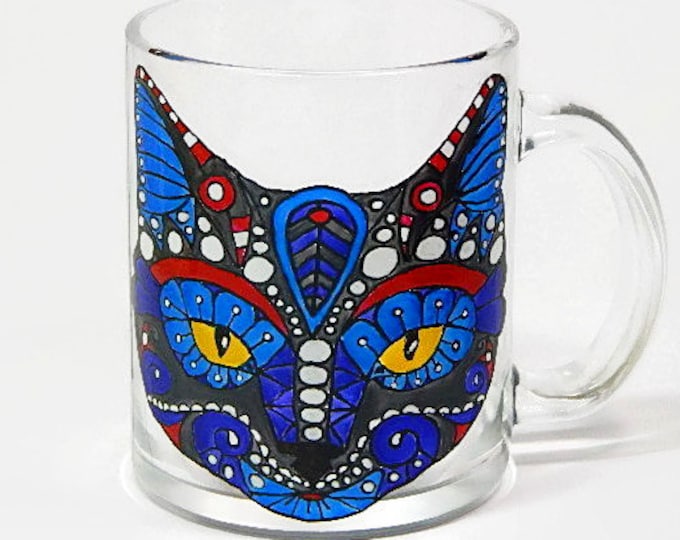 Night Cat Glass Mug for her, Hand Painted Cat Coffee Mug.