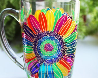 Personalized Chamomile Flower Coffee Mug, Glass Hand Painted Cup, Birthday Gift For Her.