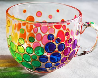 Bubbles Big Painted Coffee Mug, Colorful Mosaic Cup, Rainbow Bright Mugs, Multi Colored Handmade Glass