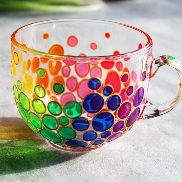 Bubbles Big Painted Coffee Mug, Colorful Mosaic Cup, Rainbow Bright Mugs, Multi Colored Handmade Glass