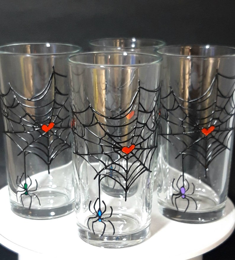 Spider Web Hand Painted Water Glasses Drinking Glass Set Of4 | Etsy