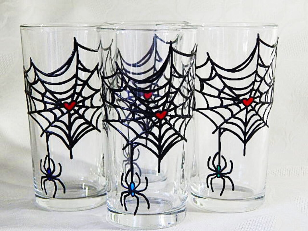 Spider Web Hand Painted Drinking Glass Set Of4 Halloween Water - Etsy
