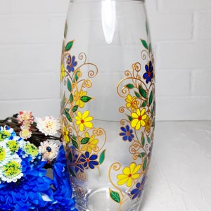 Big glass Vase Hand-Painted blue and yellow flowers, personalized birthday Gift image 10