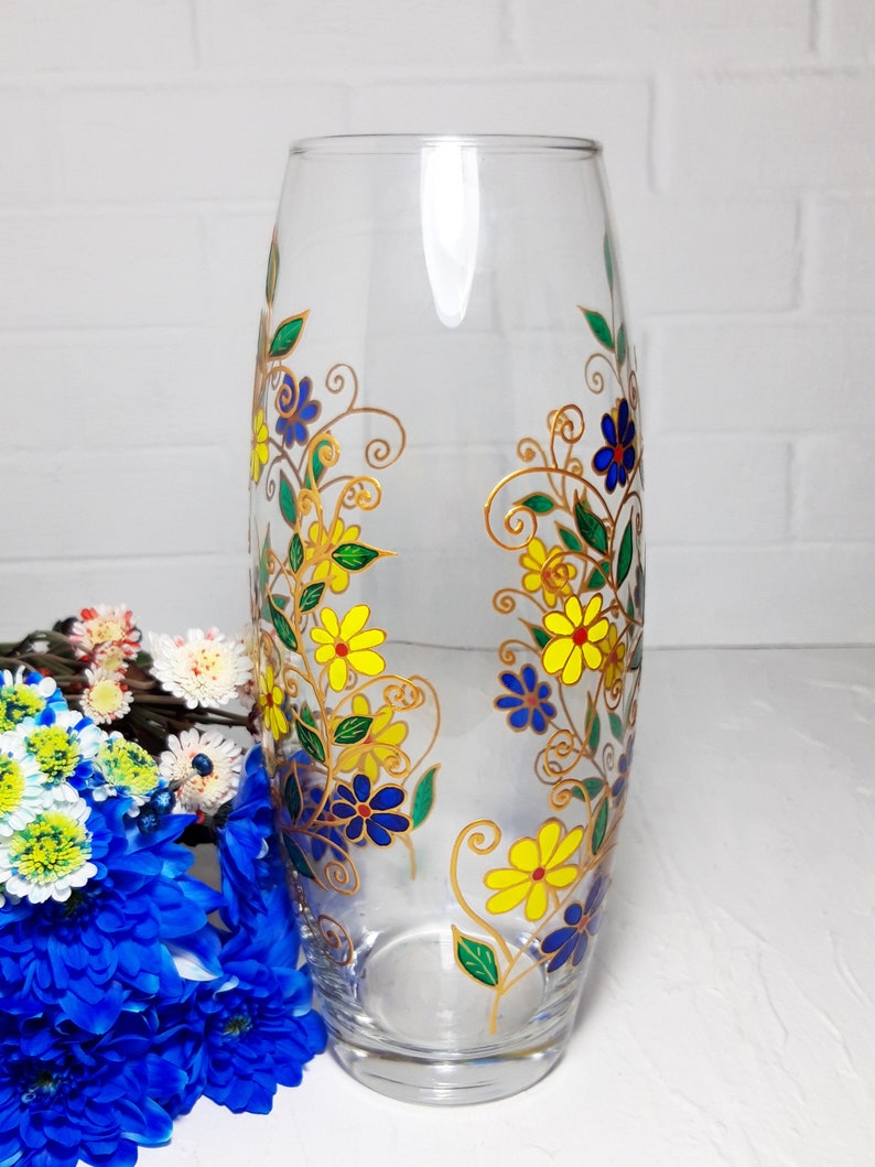 Big glass Vase Hand-Painted blue and yellow flowers, personalized birthday Gift image 10