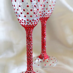 Champagne Glasses Handmade, Unique Design with Red Rhinestones, Toasting Flutes Wedding.
