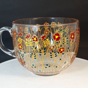 Hand Painted red Flower big Mug, Handmade Rainbow Glass Large Mugs, Multicolor Coffee Gift for mom Unique Gifts for Womens Painted Glassware