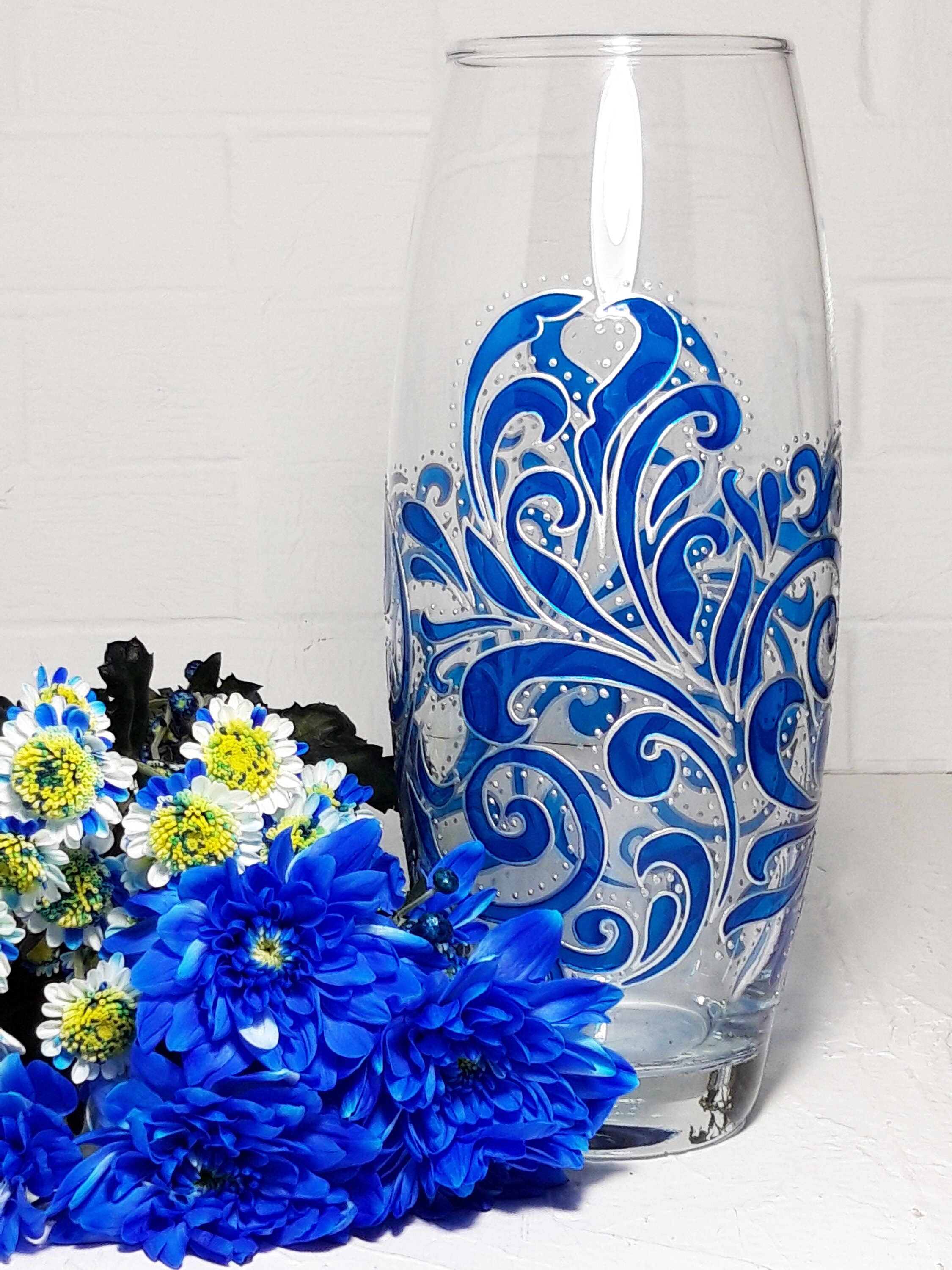 Florero de cristal grande pintado a mano, centro de mesa para boda, jarrón  personalizado con vidrieras azules para flores. -  España