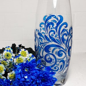 Hand Painted Big Glass Vase Wedding Centerpiece, Blue Stained Glass Personalized Vase For Flowers.