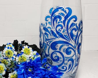 Hand Painted Glass Vase, Blue Floral Centerpiece, Personalized Gift