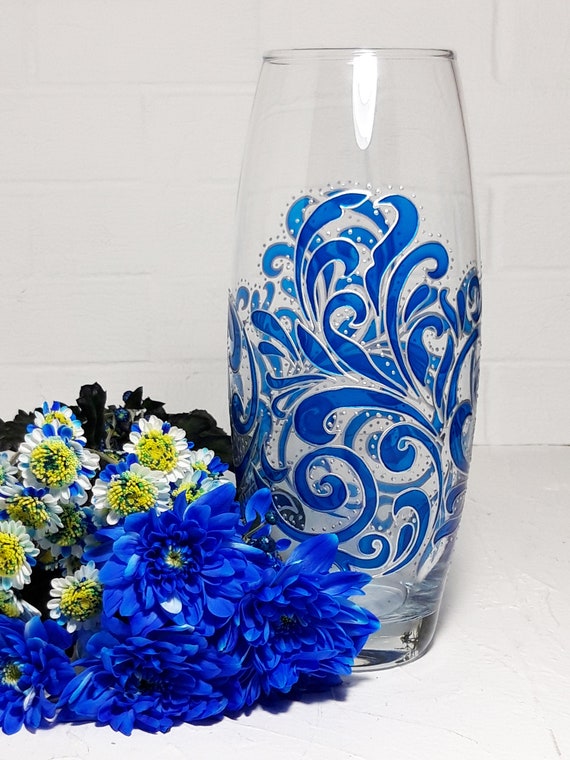 Florero de cristal grande pintado a mano, centro de mesa para boda, jarrón  personalizado con vidrieras azules para flores. -  España