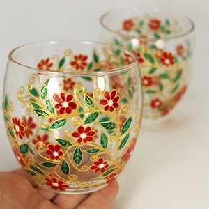 Water Glasses Hand Painted. Small Flowers Drinking Glasses Set of 2 Embroidery Design
