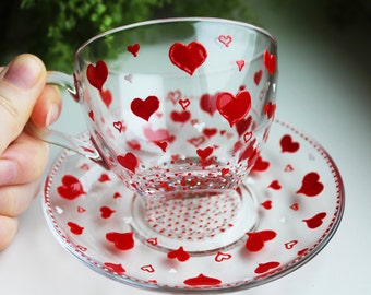 Hand Painted Red Hearts Glass tea cup set for her.