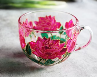 Pink Roses Unique Big Mug Gifts for Women Hand Painted Glassware / Personalized Floral Garden Gift Large Glass Cup.