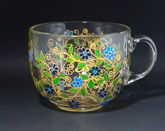 Handgeschilderde bloemenkoffiemok, glas-in-loodstijl, 17 oz