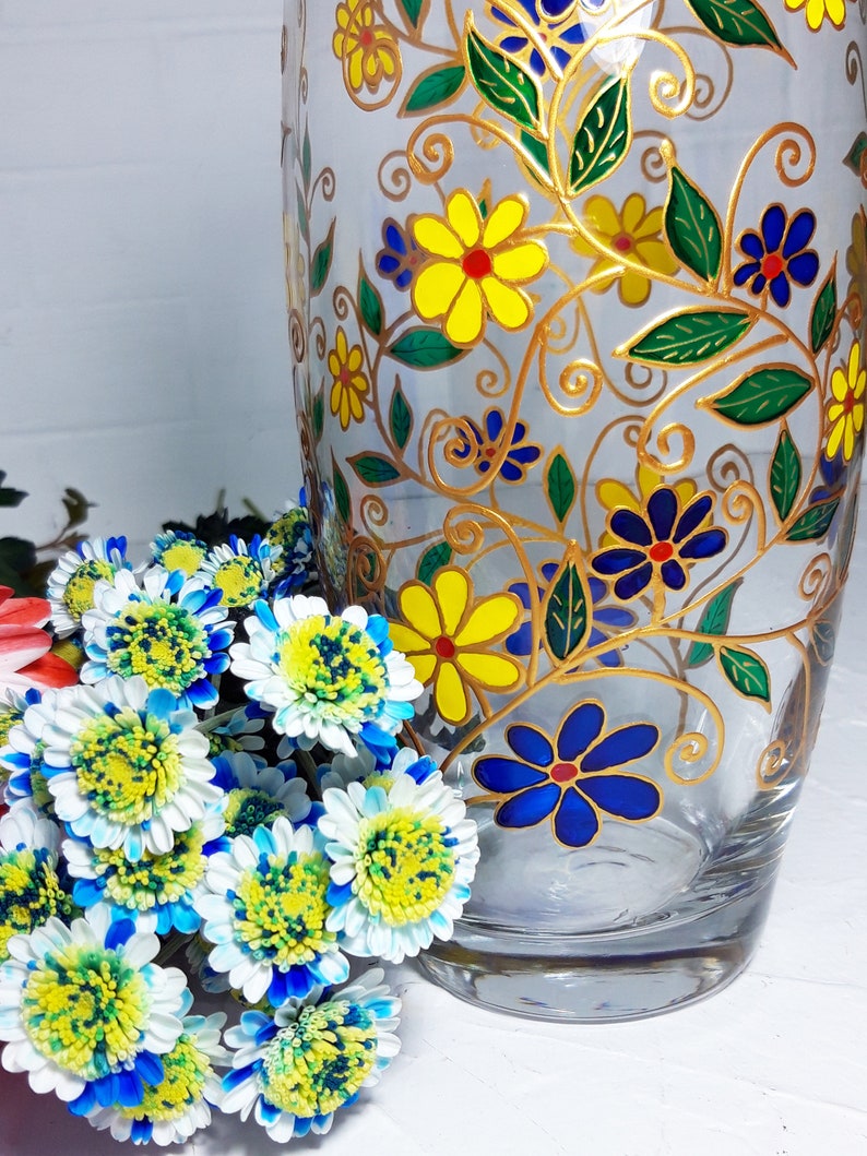 Big glass Vase Hand-Painted blue and yellow flowers, personalized birthday Gift image 9