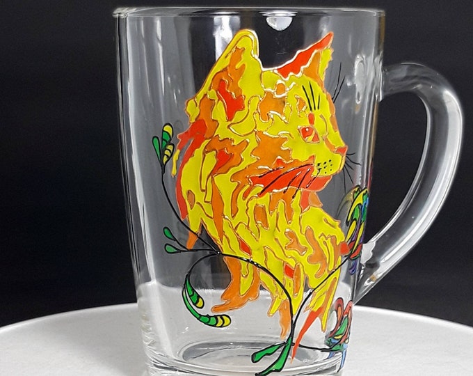 Cat coffee Mug Hand Painted Cat Glass Mug, Handmade Gift For Friend.