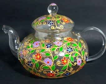 Theepot bloem gepersonaliseerde handgeschilderde theepot met Rainbow bloemen cadeau voor vrouwen.