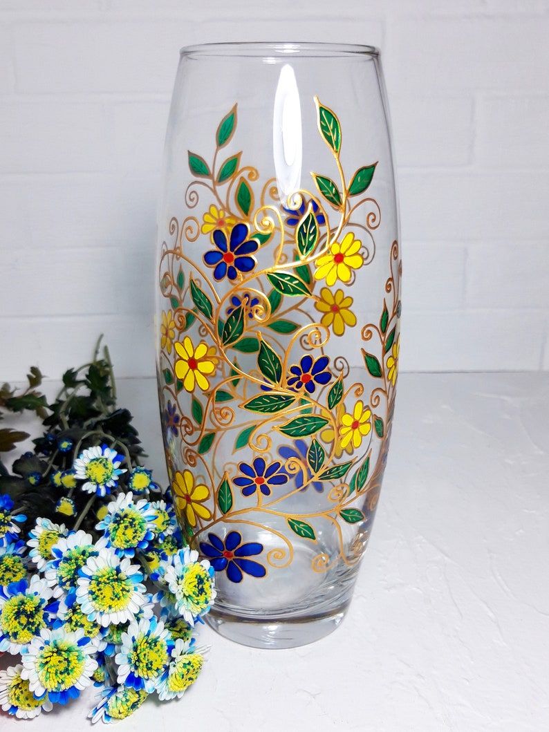 Big glass Vase Hand-Painted blue and yellow flowers, personalized birthday Gift image 3