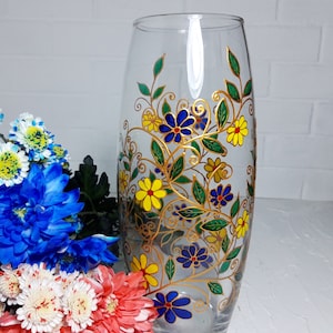 Big glass Vase Hand-Painted blue and yellow flowers, personalized birthday Gift image 8