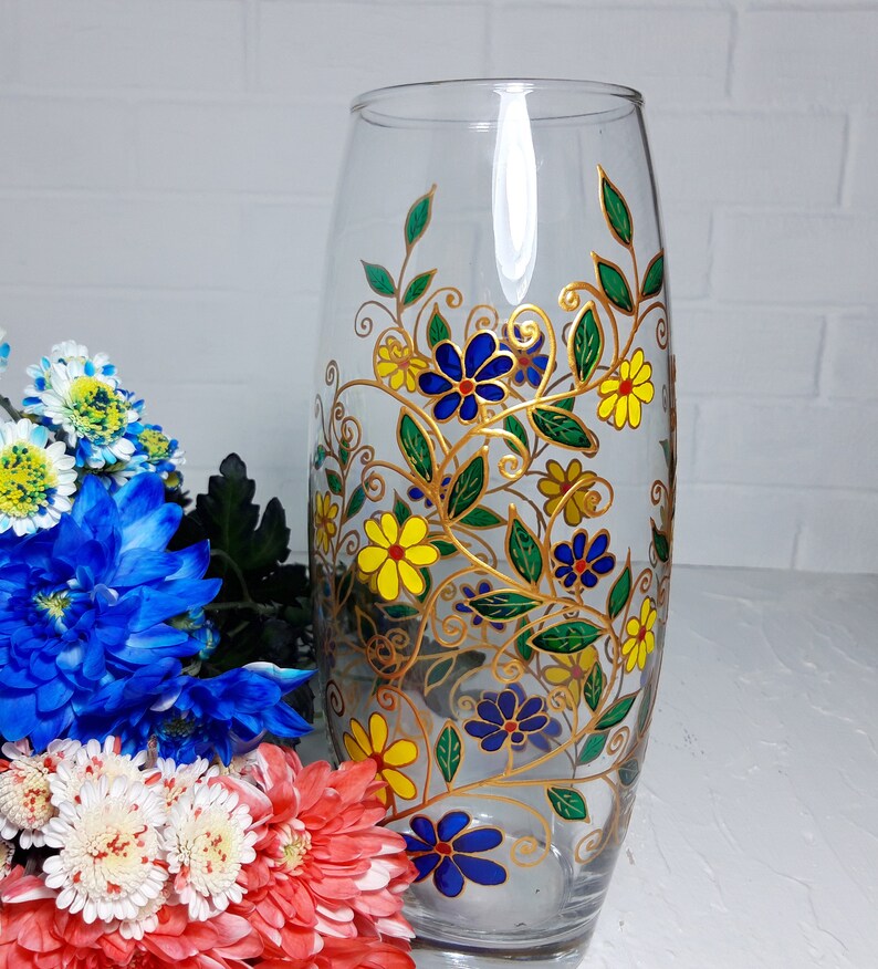 Big glass Vase Hand-Painted blue and yellow flowers, personalized birthday Gift image 8