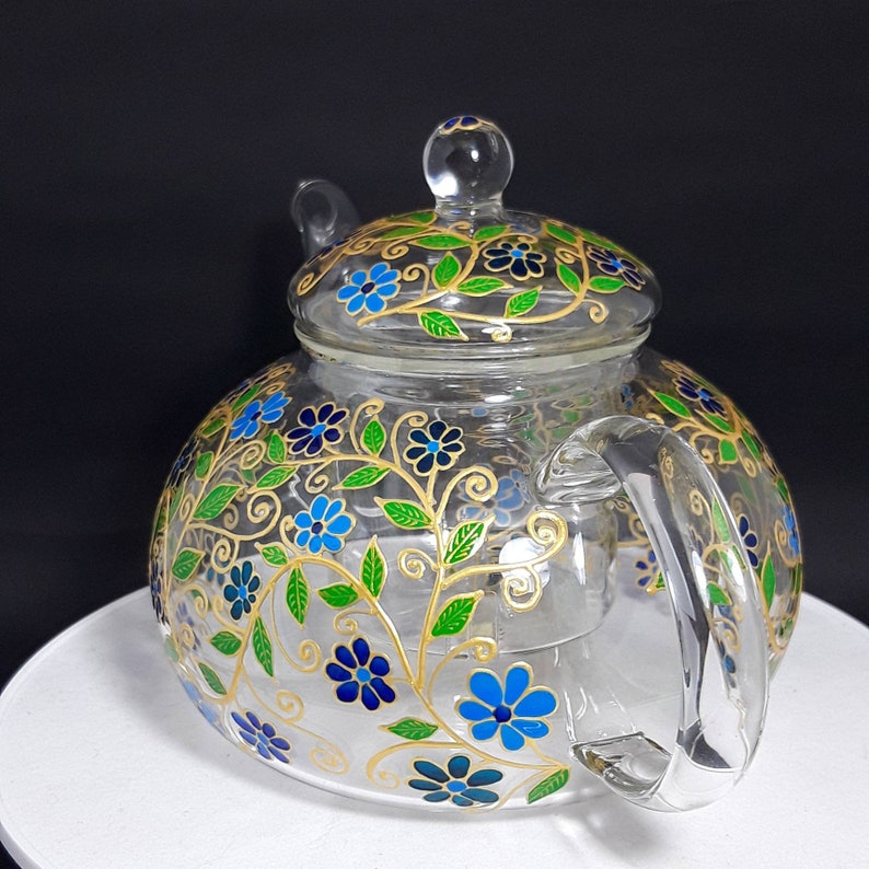 Teapot With Blue Fower Hand Painted Glass Teapot Floral Gift Etsy