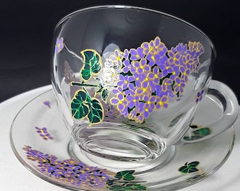 Lilac Tea Cup "Syringa Vulgaris" Kop en Schotel Gepersonaliseerde Gift Hand Painted paarse Flovering Lilac, Botanic Garden Cup