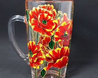 California Poppy Mug. Personalized glass coffee mug. Hand Painted flower Christmas gift for grandmother.