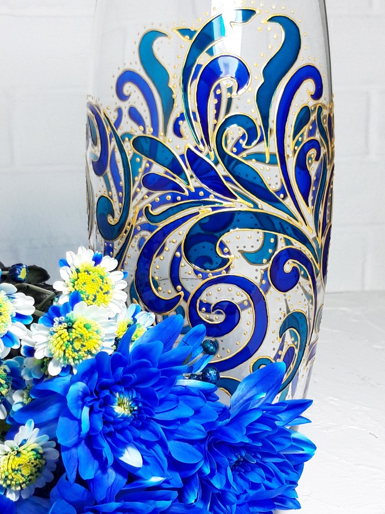 Painted Blue Big Vase Handmade Glass Large Vase Gift for Etsy